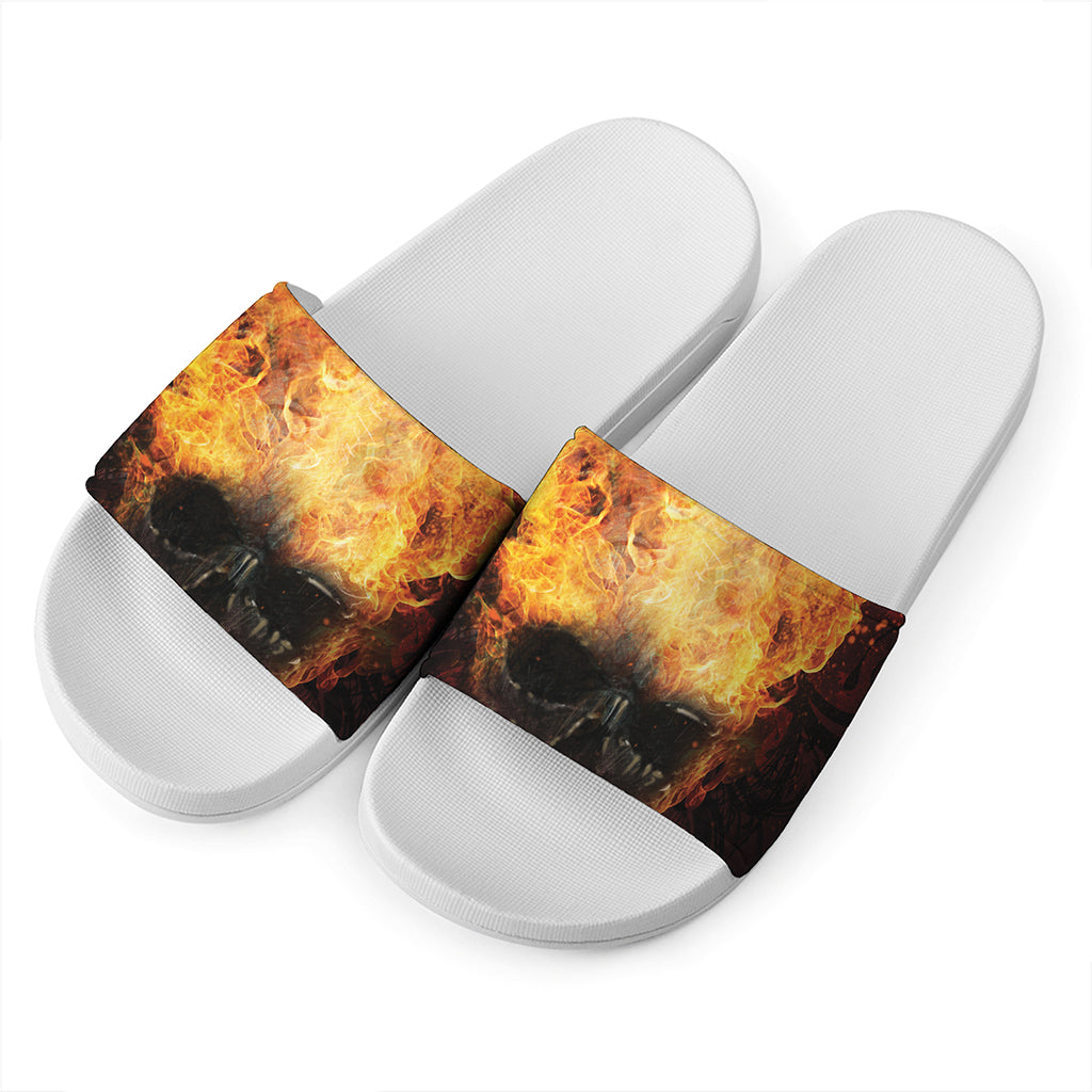 Flaming Demon Skull Print White Slide Sandals