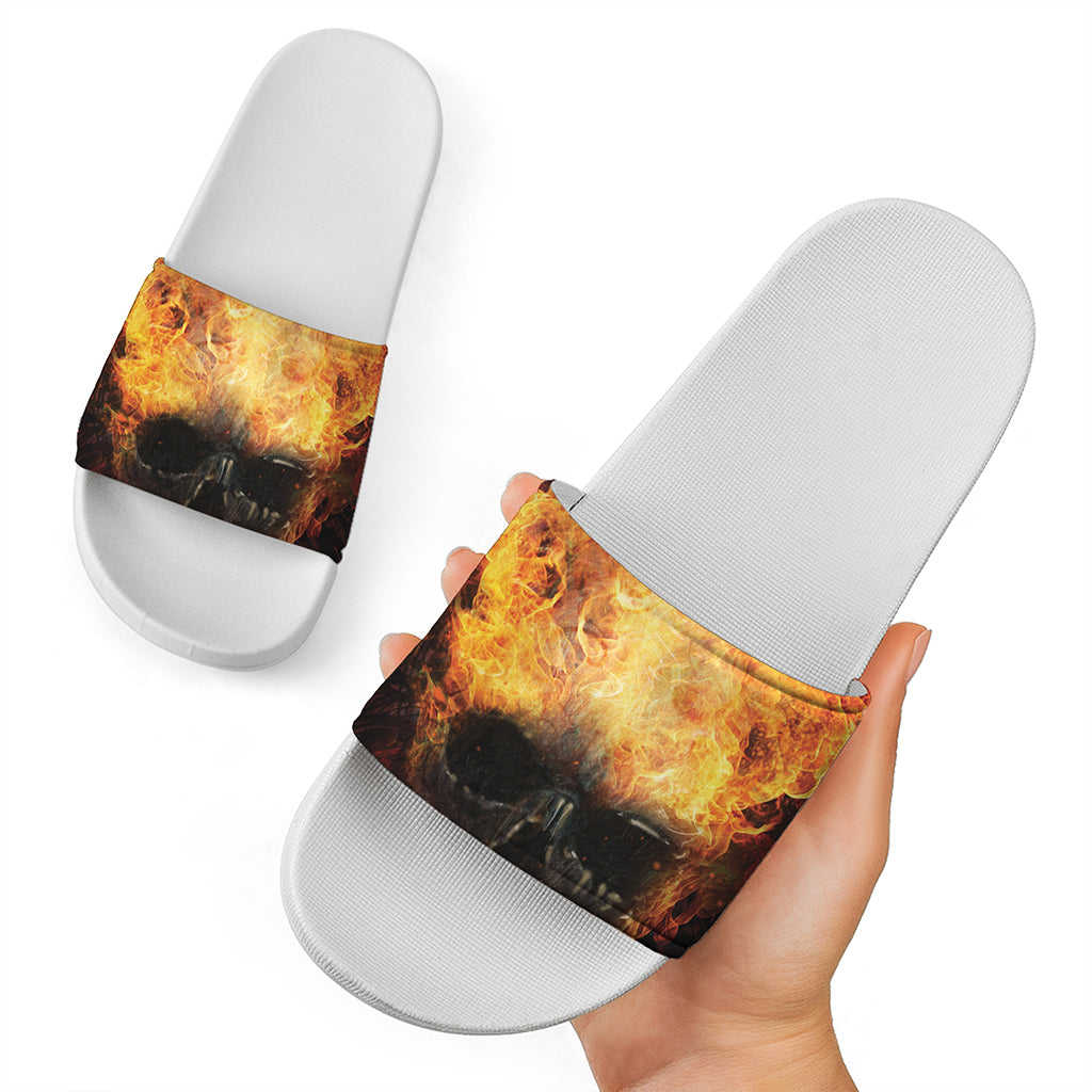 Flaming Demon Skull Print White Slide Sandals
