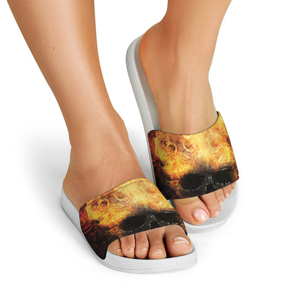 Flaming Demon Skull Print White Slide Sandals