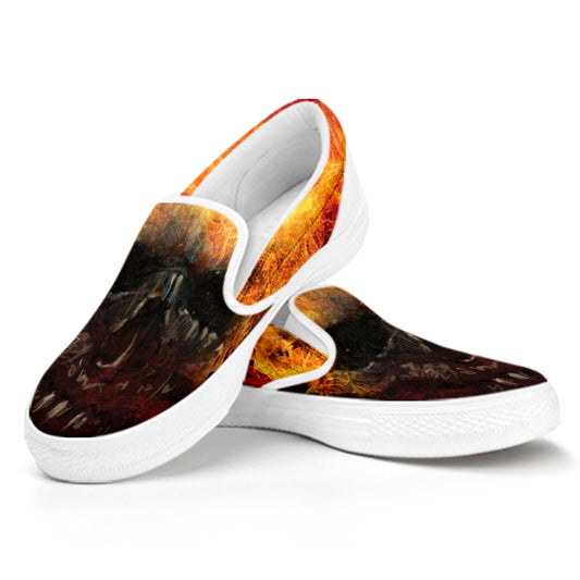 Flaming Demon Skull Print White Slip On Shoes