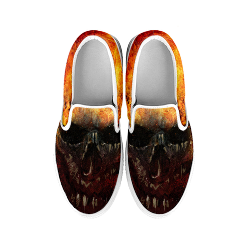 Flaming Demon Skull Print White Slip On Shoes