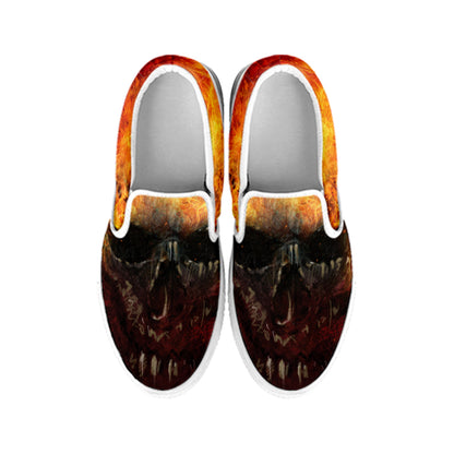 Flaming Demon Skull Print White Slip On Shoes