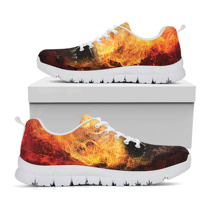 Flaming Demon Skull Print White Sneakers
