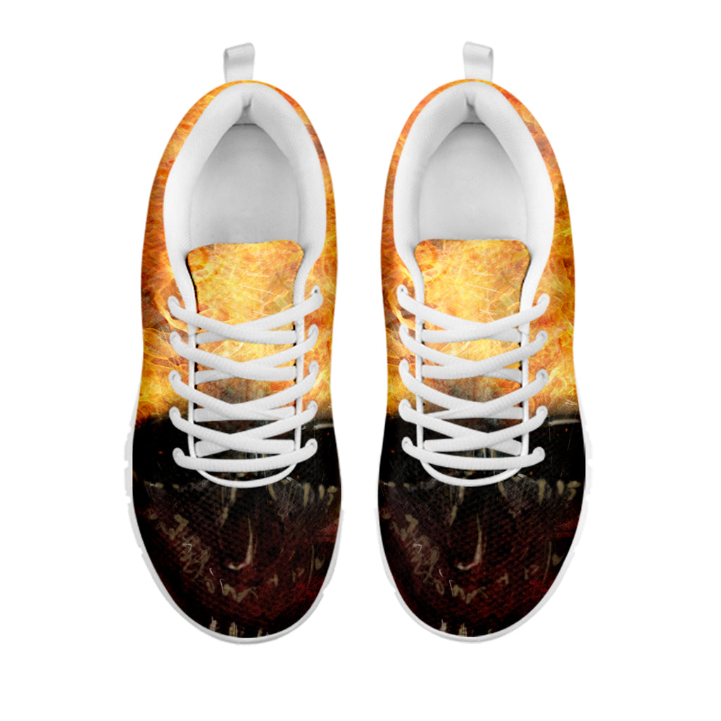 Flaming Demon Skull Print White Sneakers