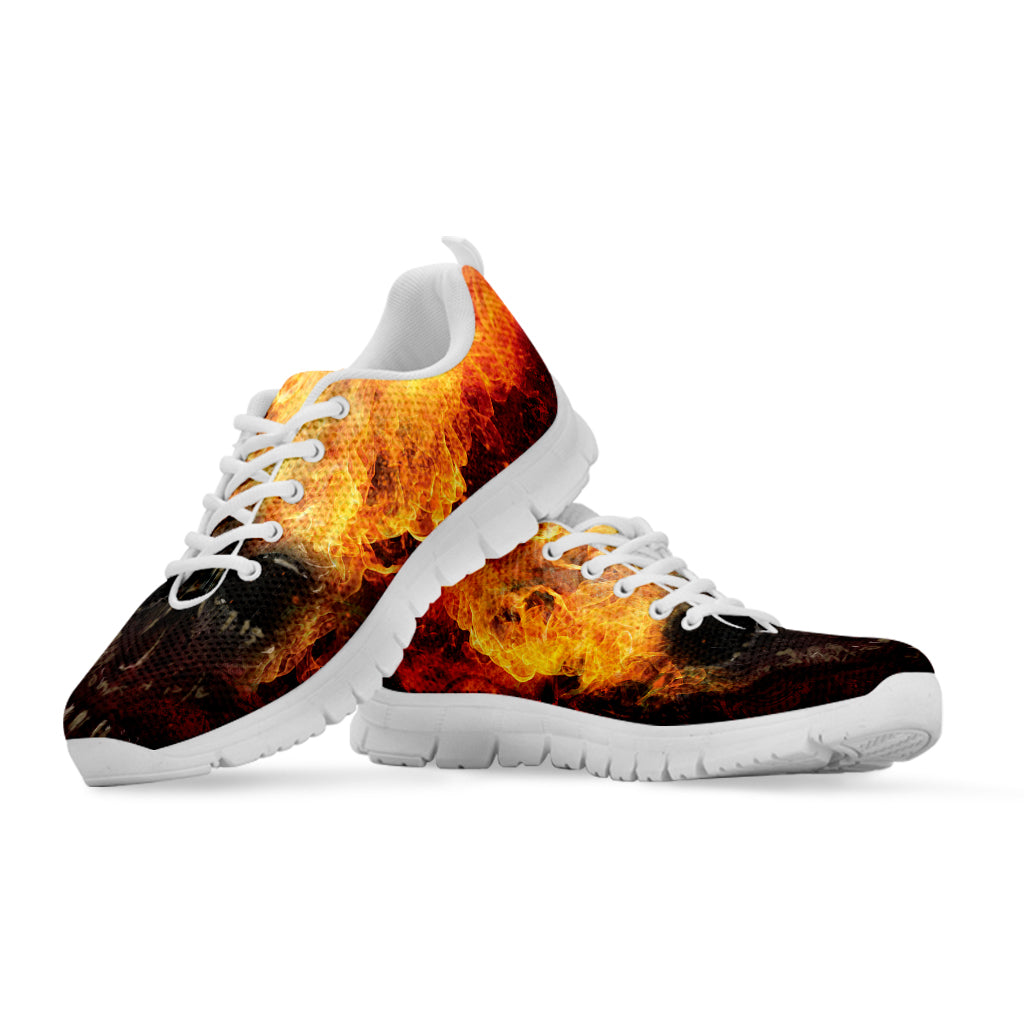 Flaming Demon Skull Print White Sneakers