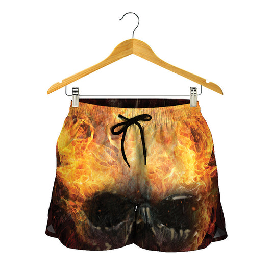 Flaming Demon Skull Print Women's Shorts