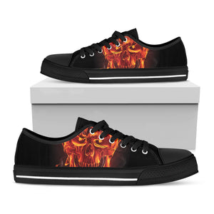 Flaming Evil Skull Print Black Low Top Shoes 