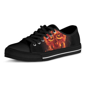 Flaming Evil Skull Print Black Low Top Shoes 