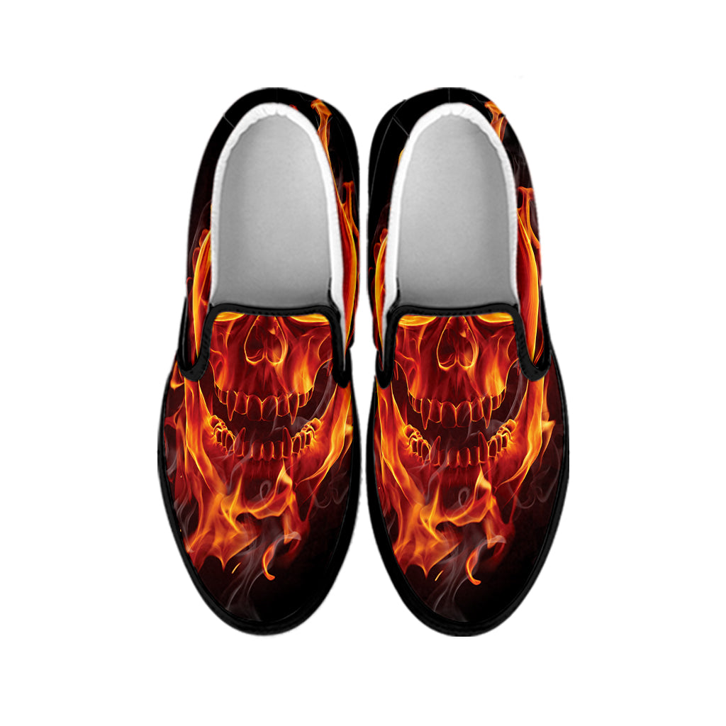 Flaming Evil Skull Print Black Slip On Shoes
