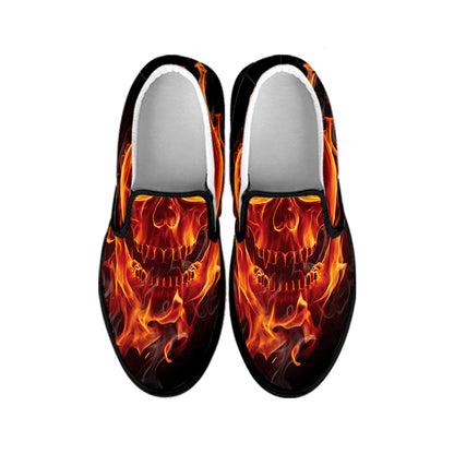 Flaming Evil Skull Print Black Slip On Shoes