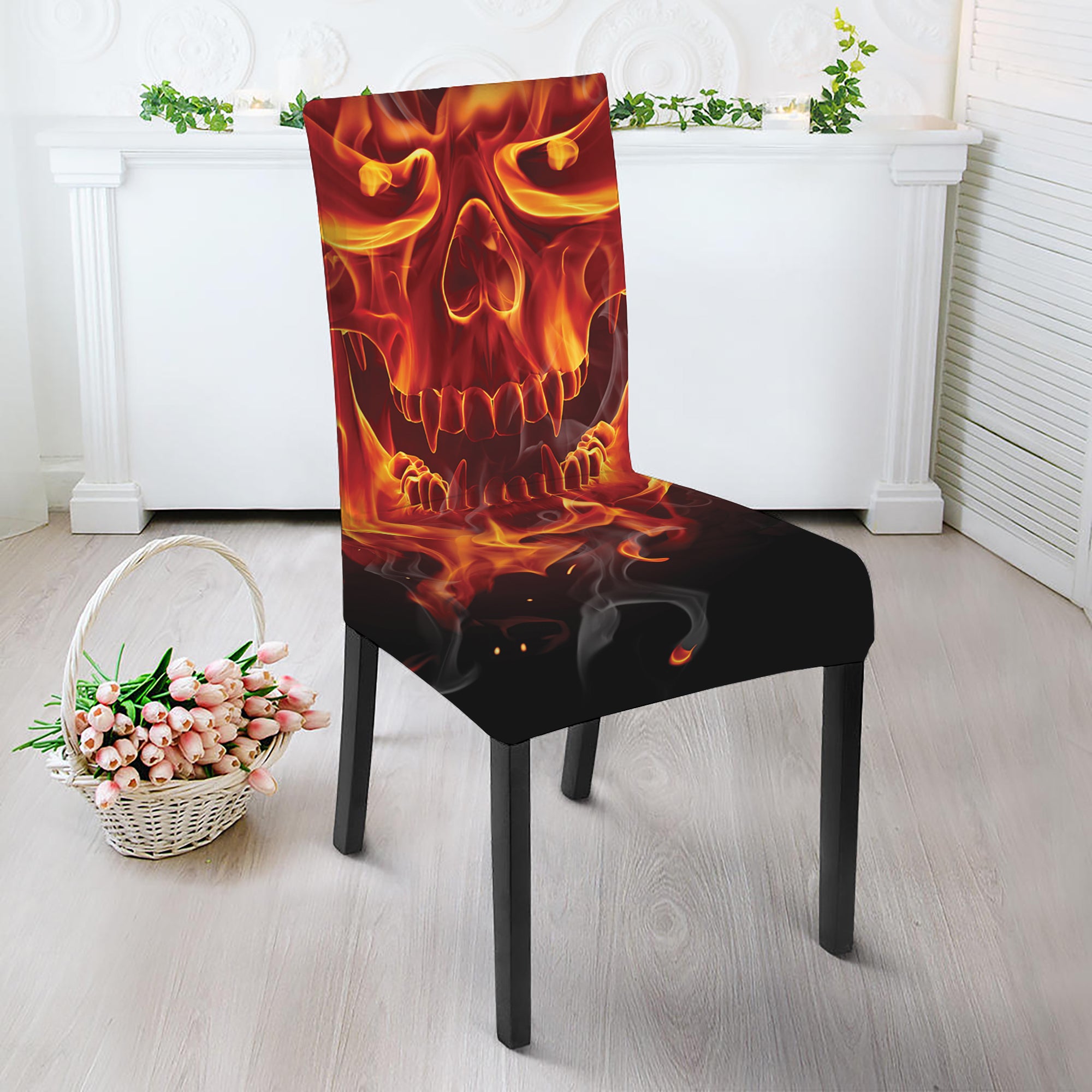 Flaming Evil Skull Print Dining Chair Slipcover