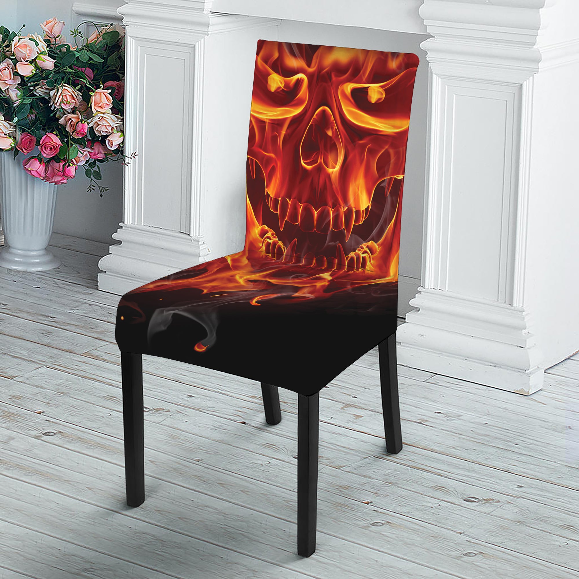 Flaming Evil Skull Print Dining Chair Slipcover