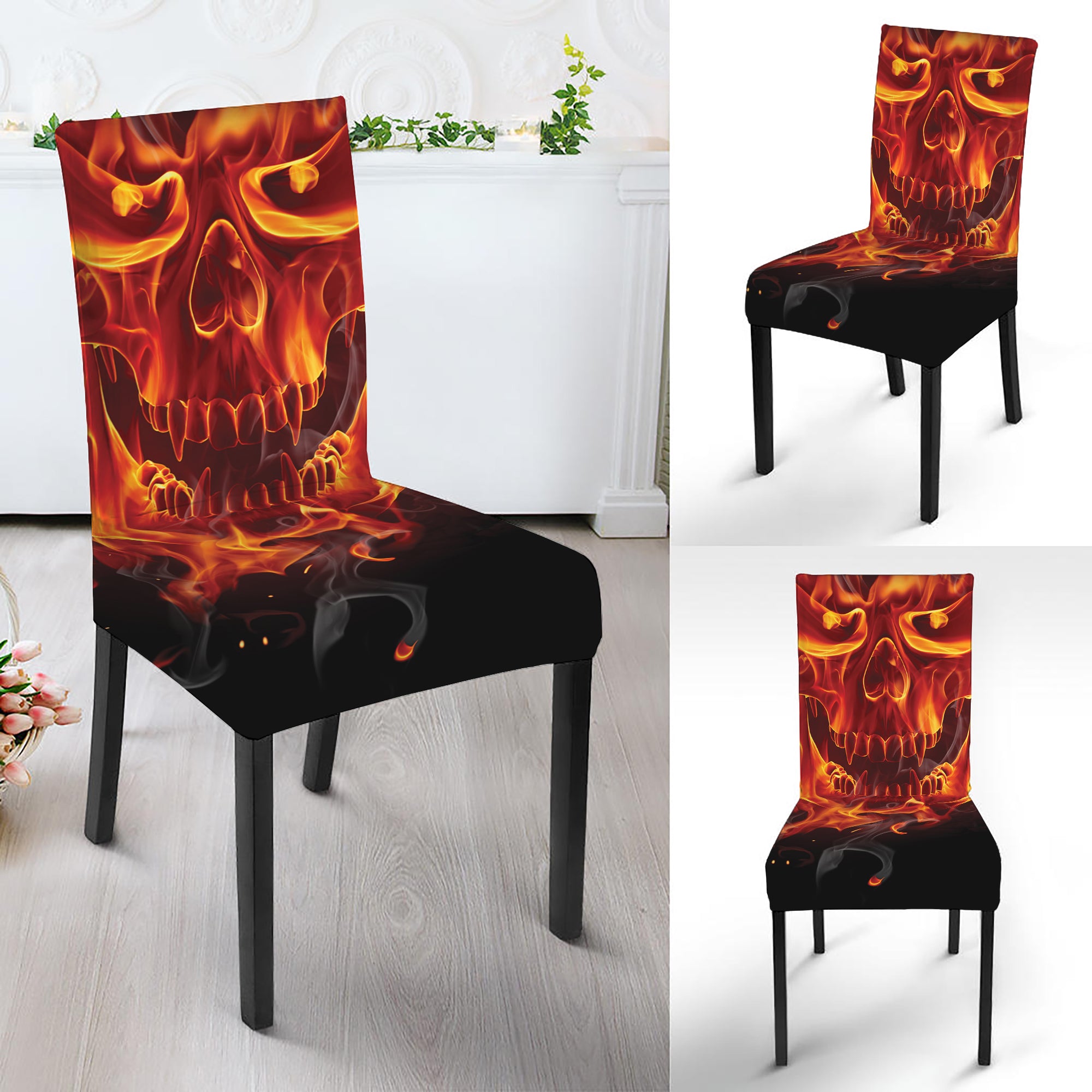 Flaming Evil Skull Print Dining Chair Slipcover