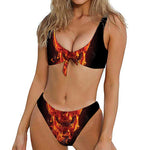 Flaming Evil Skull Print Front Bow Tie Bikini