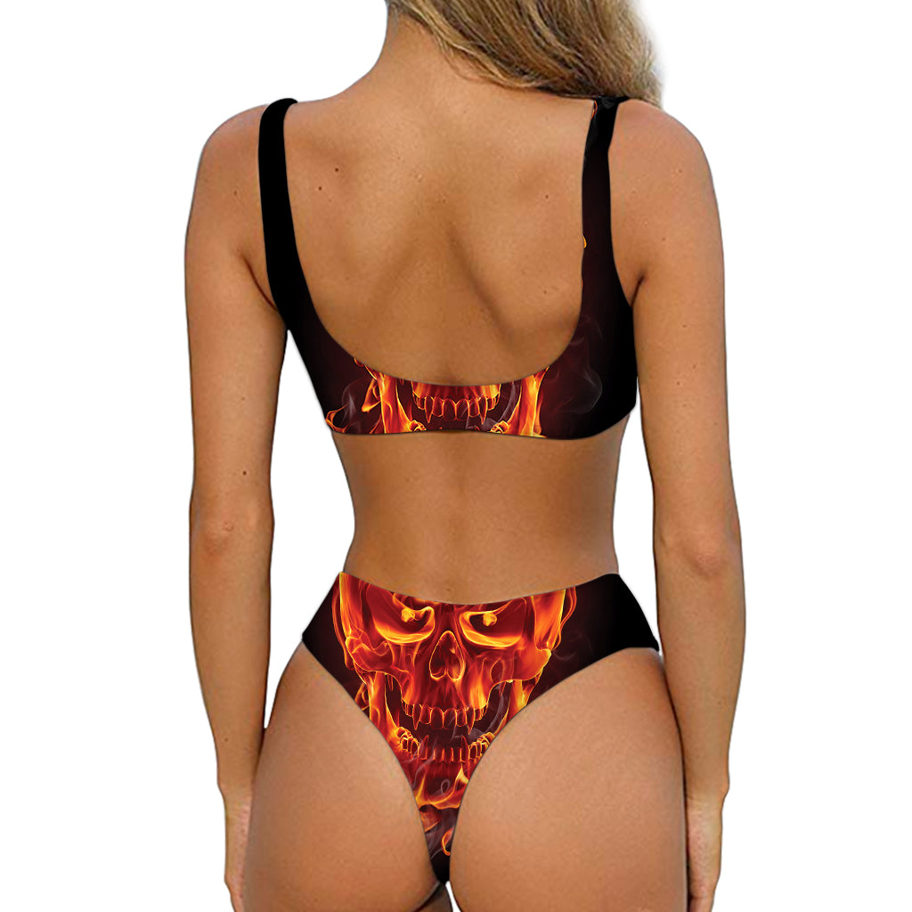 Flaming Evil Skull Print Front Bow Tie Bikini