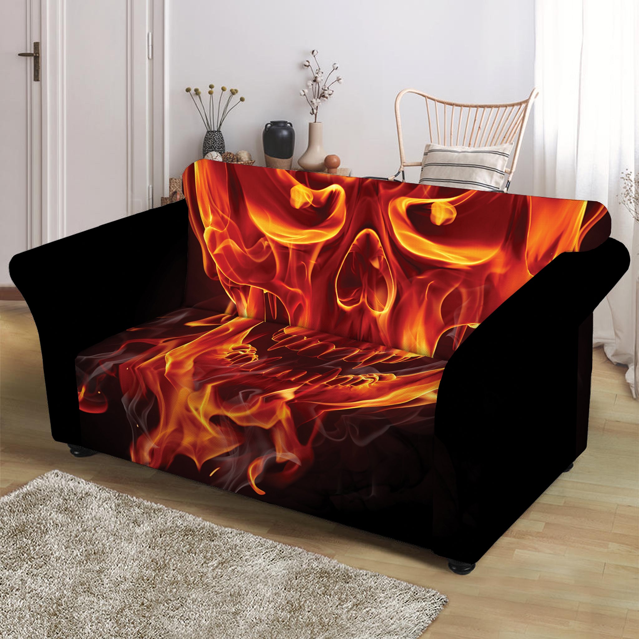 Flaming Evil Skull Print Loveseat Slipcover