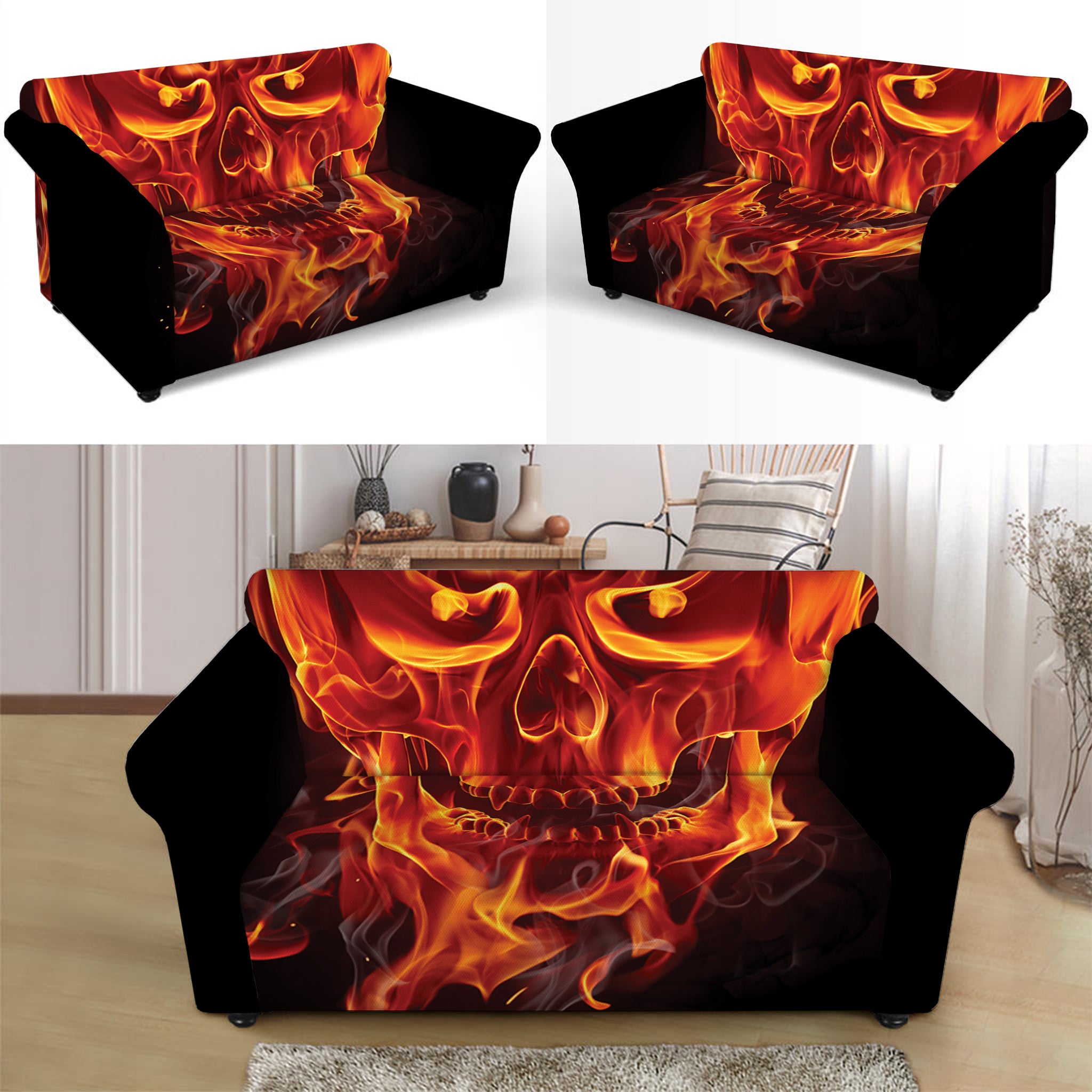 Flaming Evil Skull Print Loveseat Slipcover