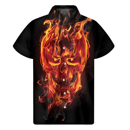Flaming Evil Skull Print Men's Short Sleeve Shirt