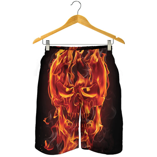 Flaming Evil Skull Print Men's Shorts