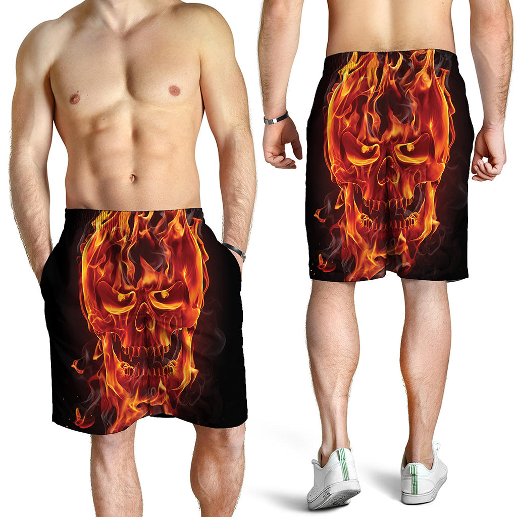 Flaming Evil Skull Print Men's Shorts