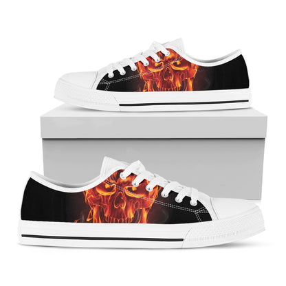 Flaming Evil Skull Print White Low Top Shoes