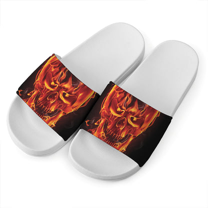 Flaming Evil Skull Print White Slide Sandals