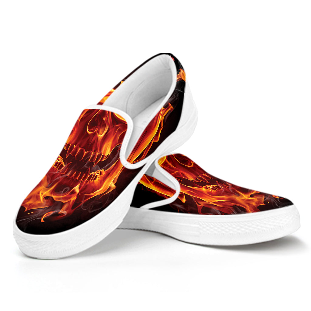 Flaming Evil Skull Print White Slip On Shoes