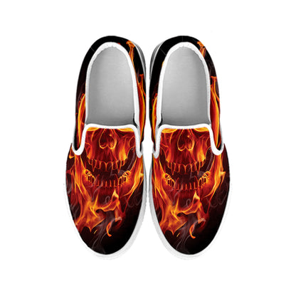 Flaming Evil Skull Print White Slip On Shoes