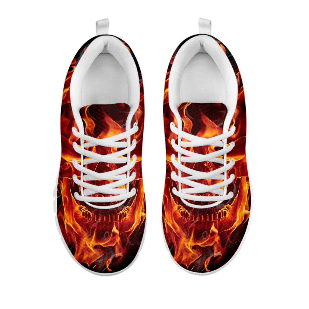 Flaming Evil Skull Print White Sneakers