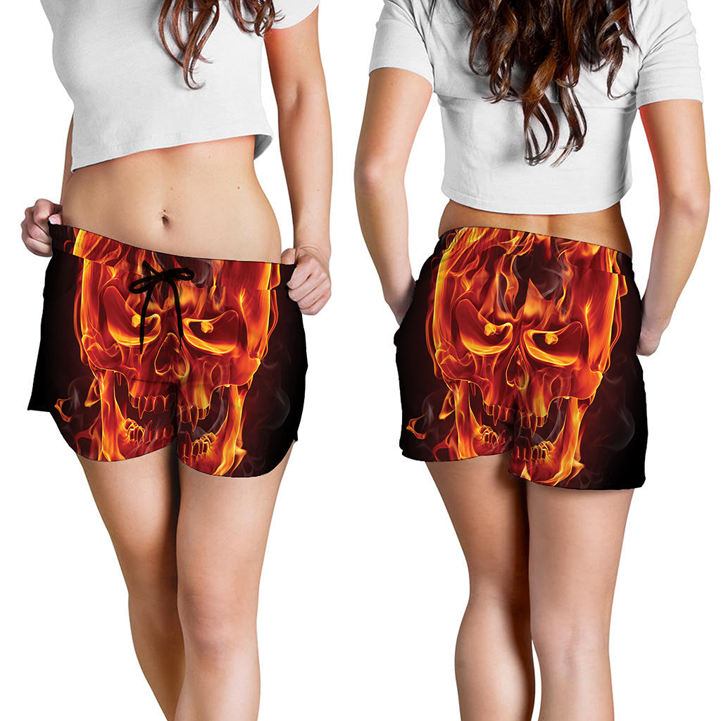 Flaming Evil Skull Print Women's Shorts
