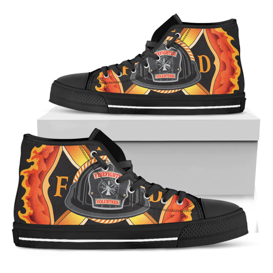 Flaming Firefighter Emblem Print Black High Top Shoes