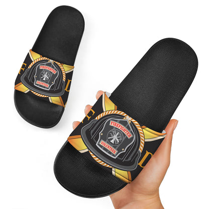 Flaming Firefighter Emblem Print Black Slide Sandals