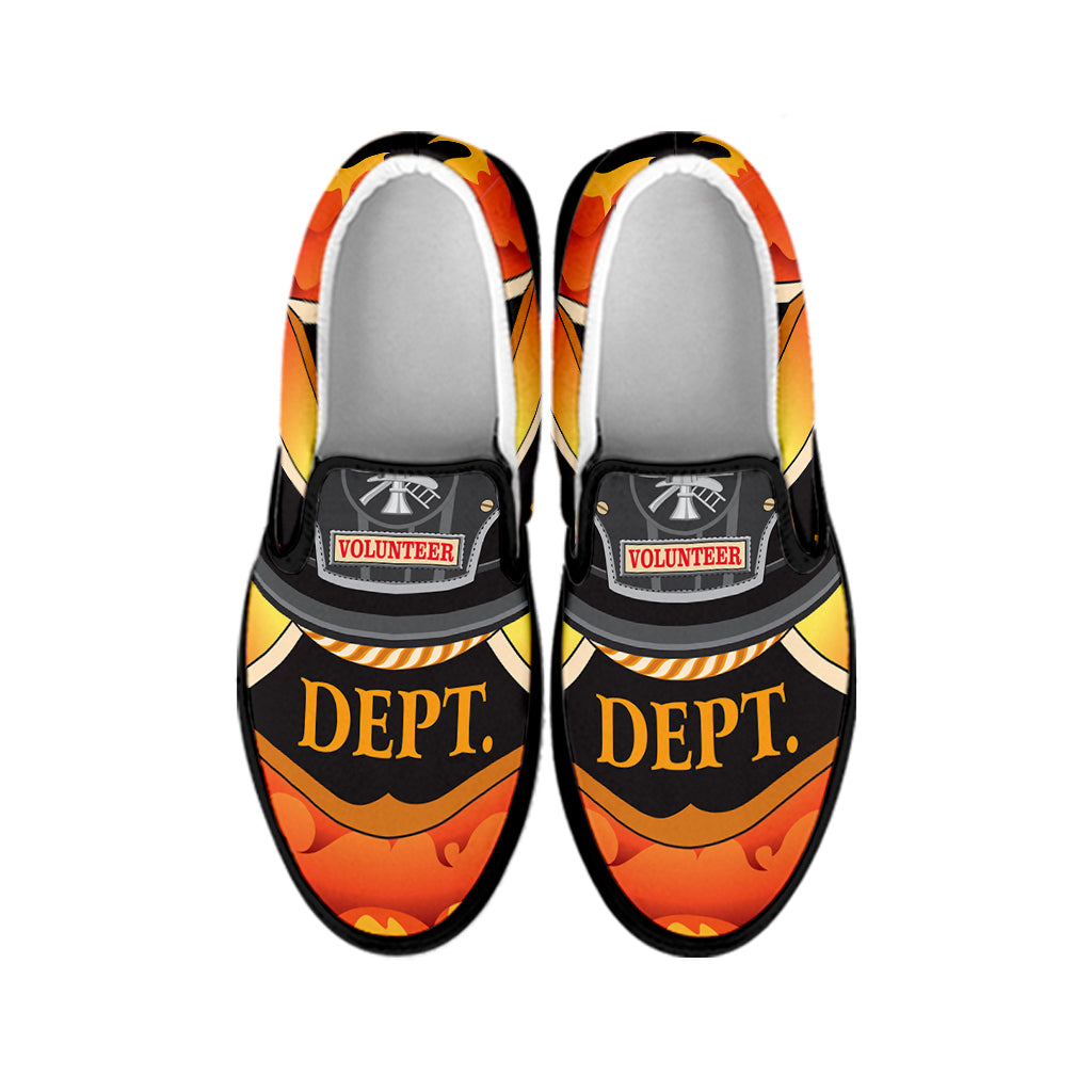 Flaming Firefighter Emblem Print Black Slip On Shoes