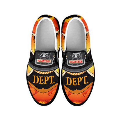 Flaming Firefighter Emblem Print Black Slip On Shoes