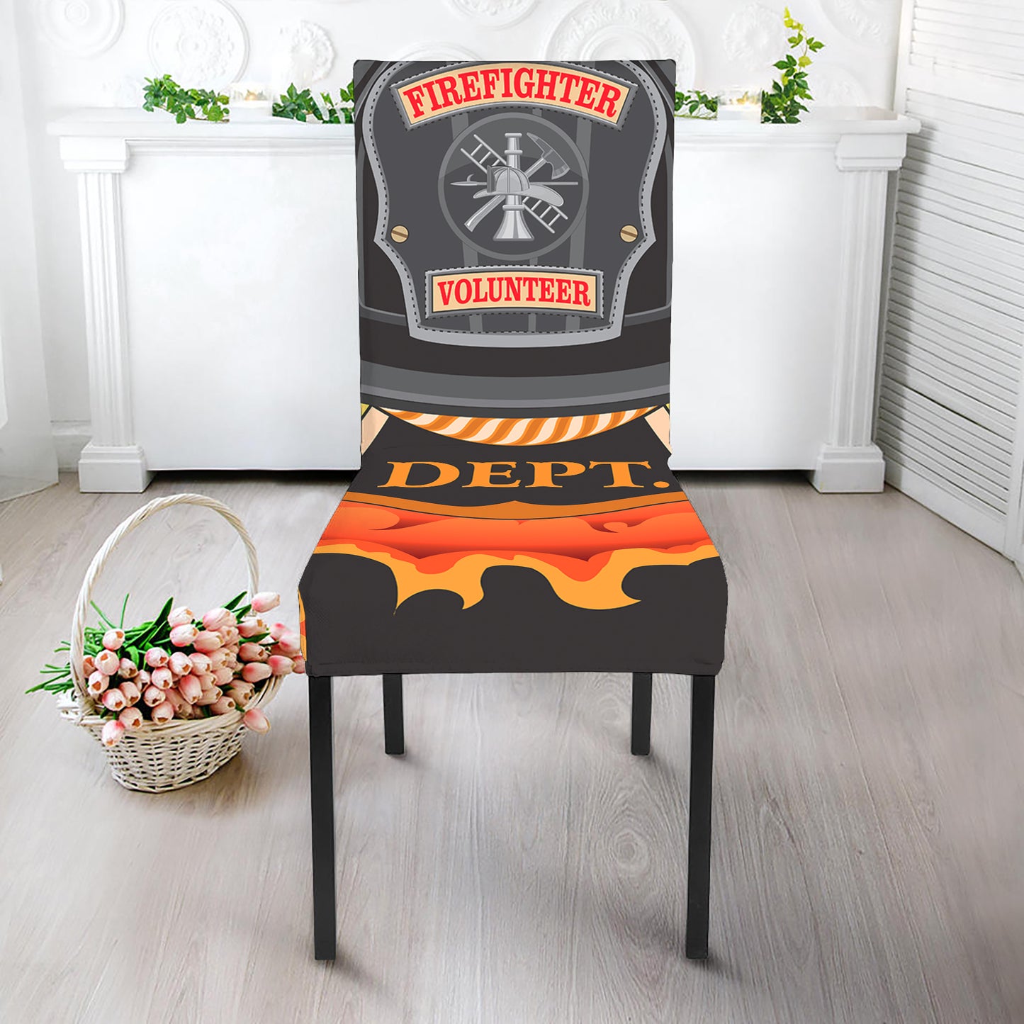 Flaming Firefighter Emblem Print Dining Chair Slipcover