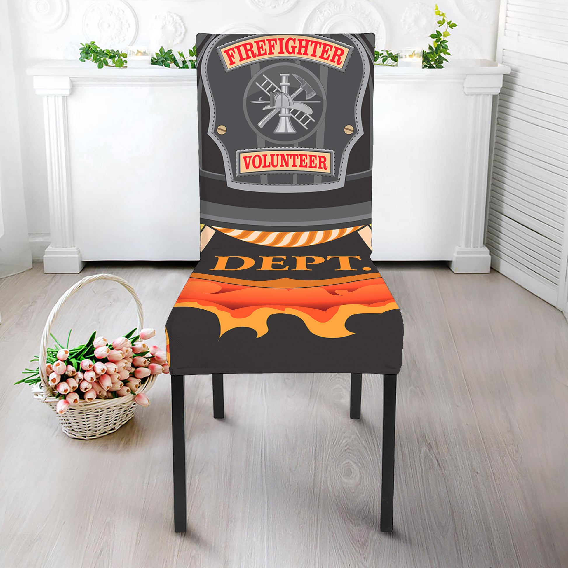 Flaming Firefighter Emblem Print Dining Chair Slipcover