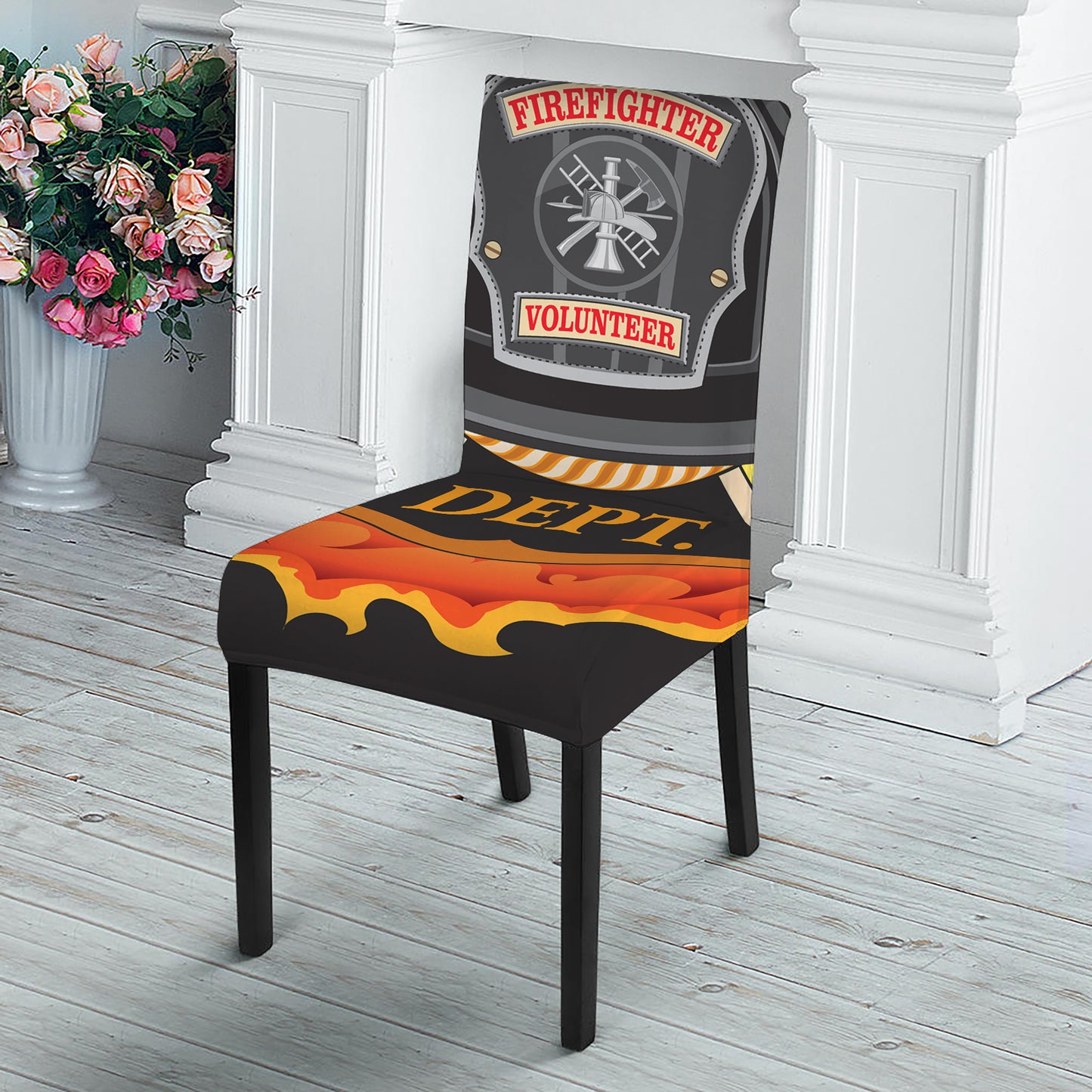 Flaming Firefighter Emblem Print Dining Chair Slipcover
