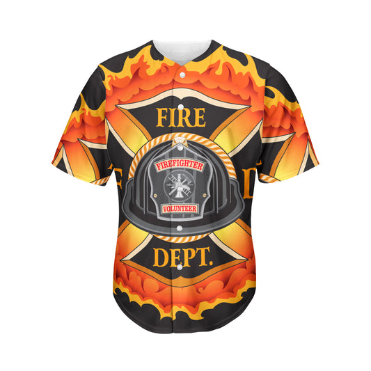 Flaming Firefighter Emblem Print Men's Baseball Jersey