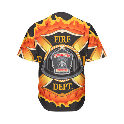 Flaming Firefighter Emblem Print Men's Baseball Jersey