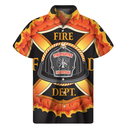 Flaming Firefighter Emblem Print Men's Short Sleeve Shirt