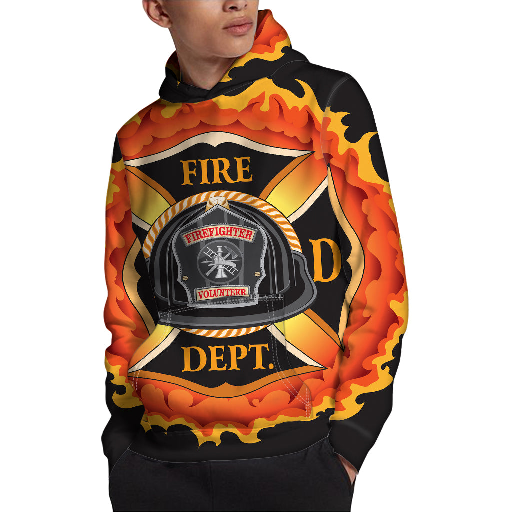 Flaming Firefighter Emblem Print Pullover Hoodie