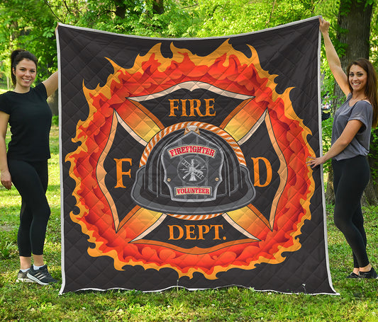 Flaming Firefighter Emblem Print Quilt
