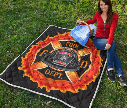 Flaming Firefighter Emblem Print Quilt