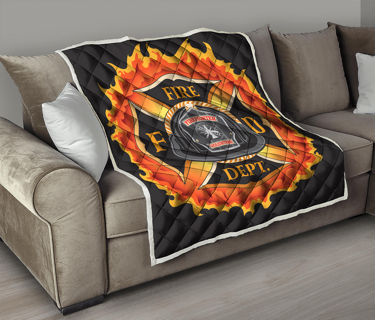 Flaming Firefighter Emblem Print Quilt