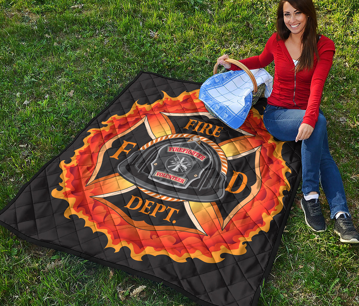 Flaming Firefighter Emblem Print Quilt