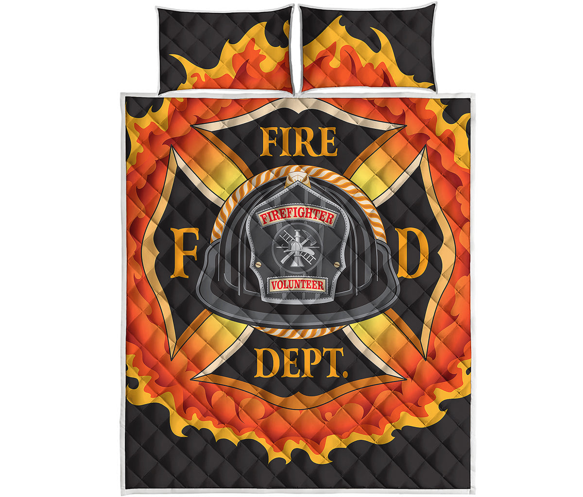 Flaming Firefighter Emblem Print Quilt Bed Set