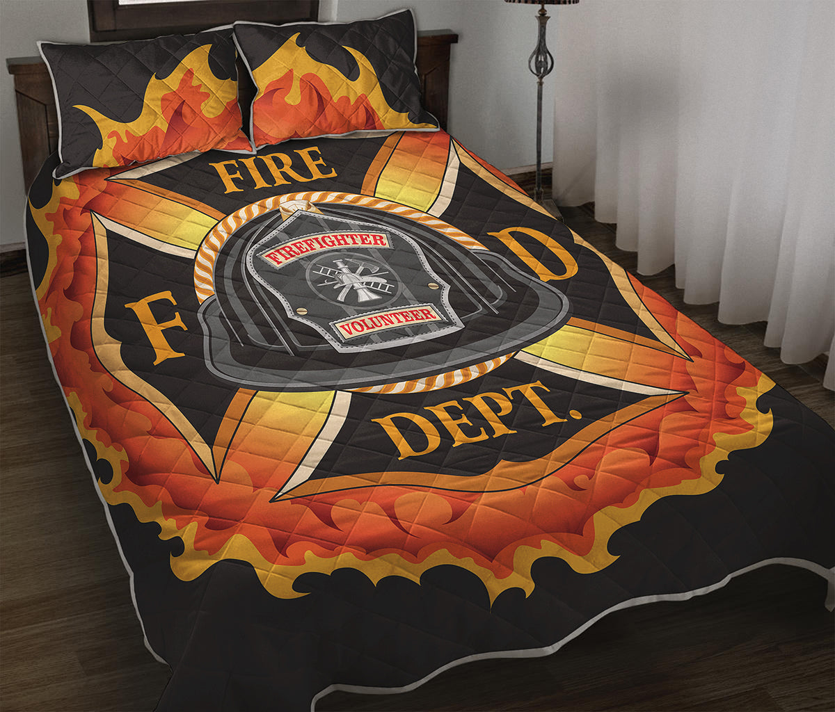 Flaming Firefighter Emblem Print Quilt Bed Set