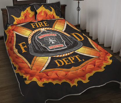 Flaming Firefighter Emblem Print Quilt Bed Set