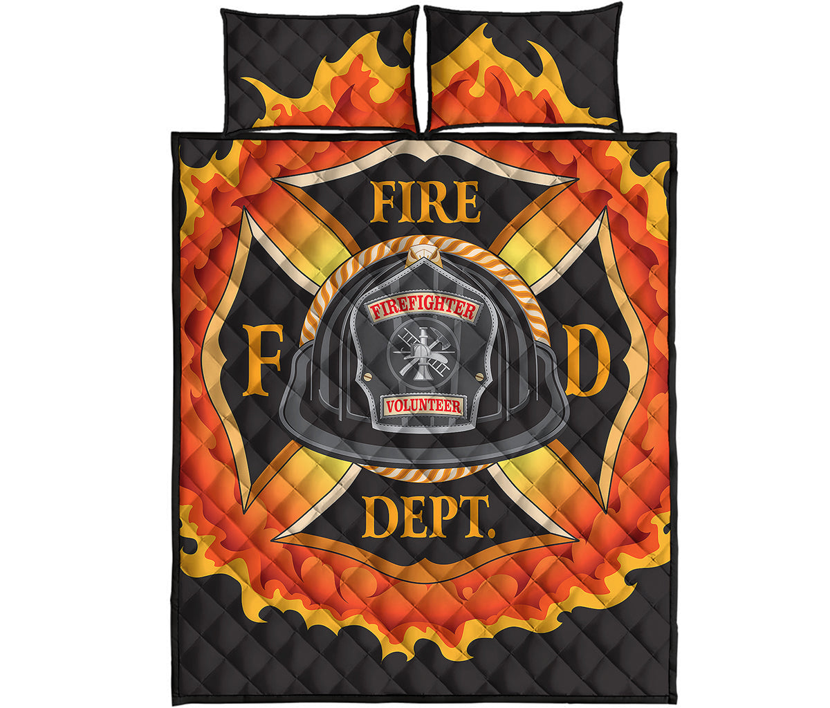 Flaming Firefighter Emblem Print Quilt Bed Set