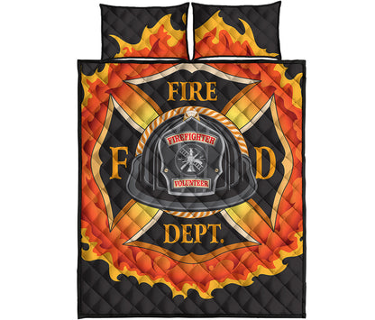 Flaming Firefighter Emblem Print Quilt Bed Set